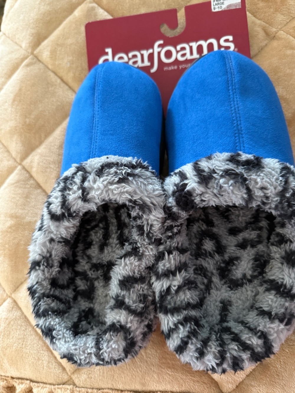 dearfoams Blue Slip-On Slippers with Gray Faux-Fur Cuff size 9-10 - Picture 2 of 4